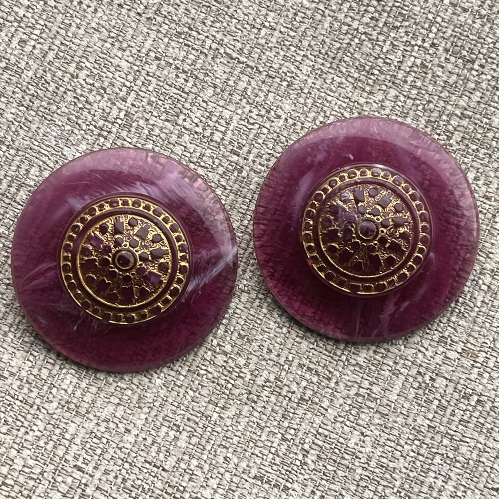 Vintage Style Purple and Gold Button Earrings